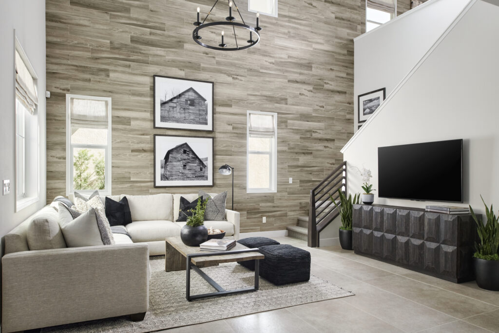 The two-story loft wall features a ceramic wood-look tile by Dal Tile.