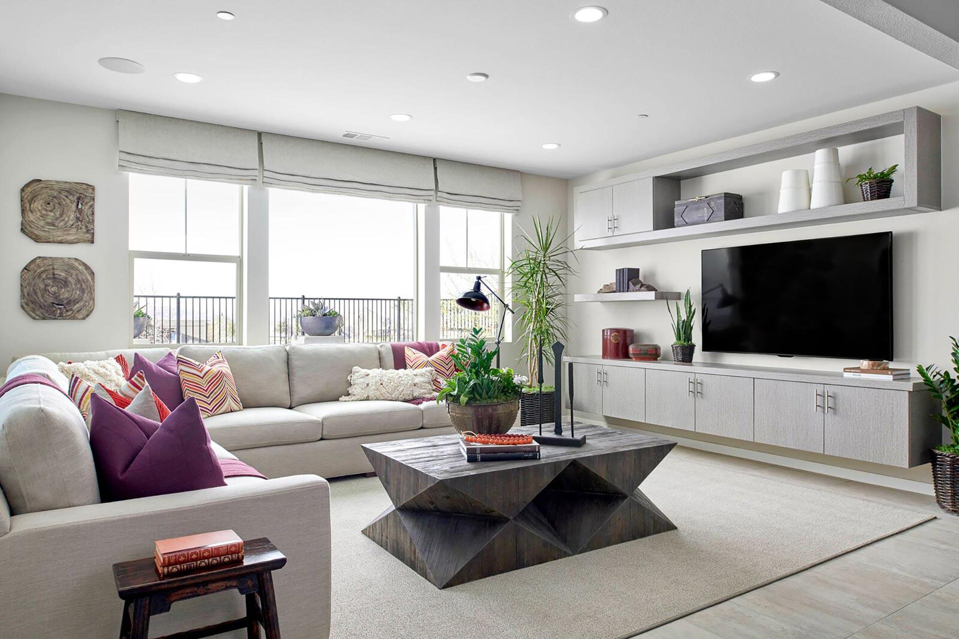 Floating gray built-in cabinets and shelves Mystral at Skyline Plan 2 Tripointe Homes Santa Clarita
